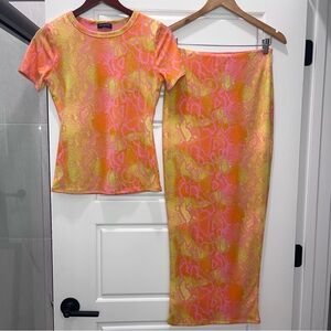 Vibrant Pink and Yellow Snake Print Top and Skirt Set